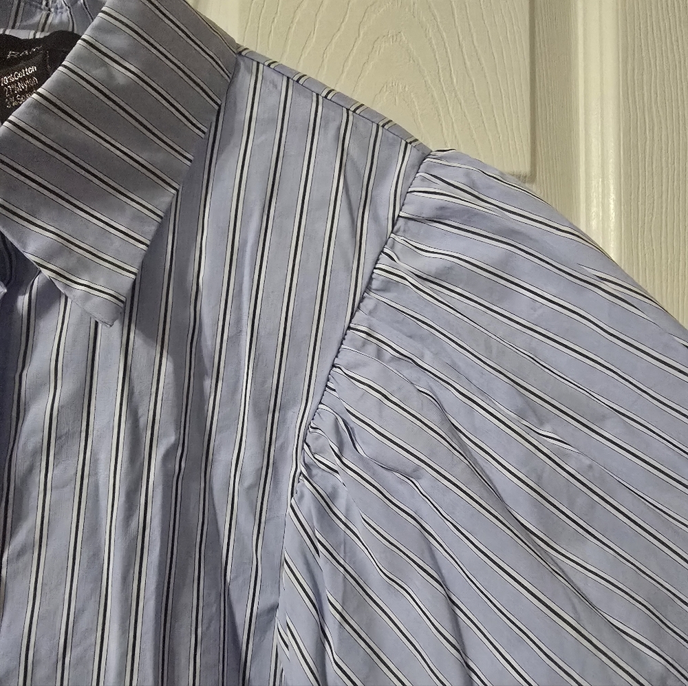 Boxy Striped Puff Sleeve Poplin Cotton Button Down Collared Preppy Top by Rain. - Picture 5 of 10
